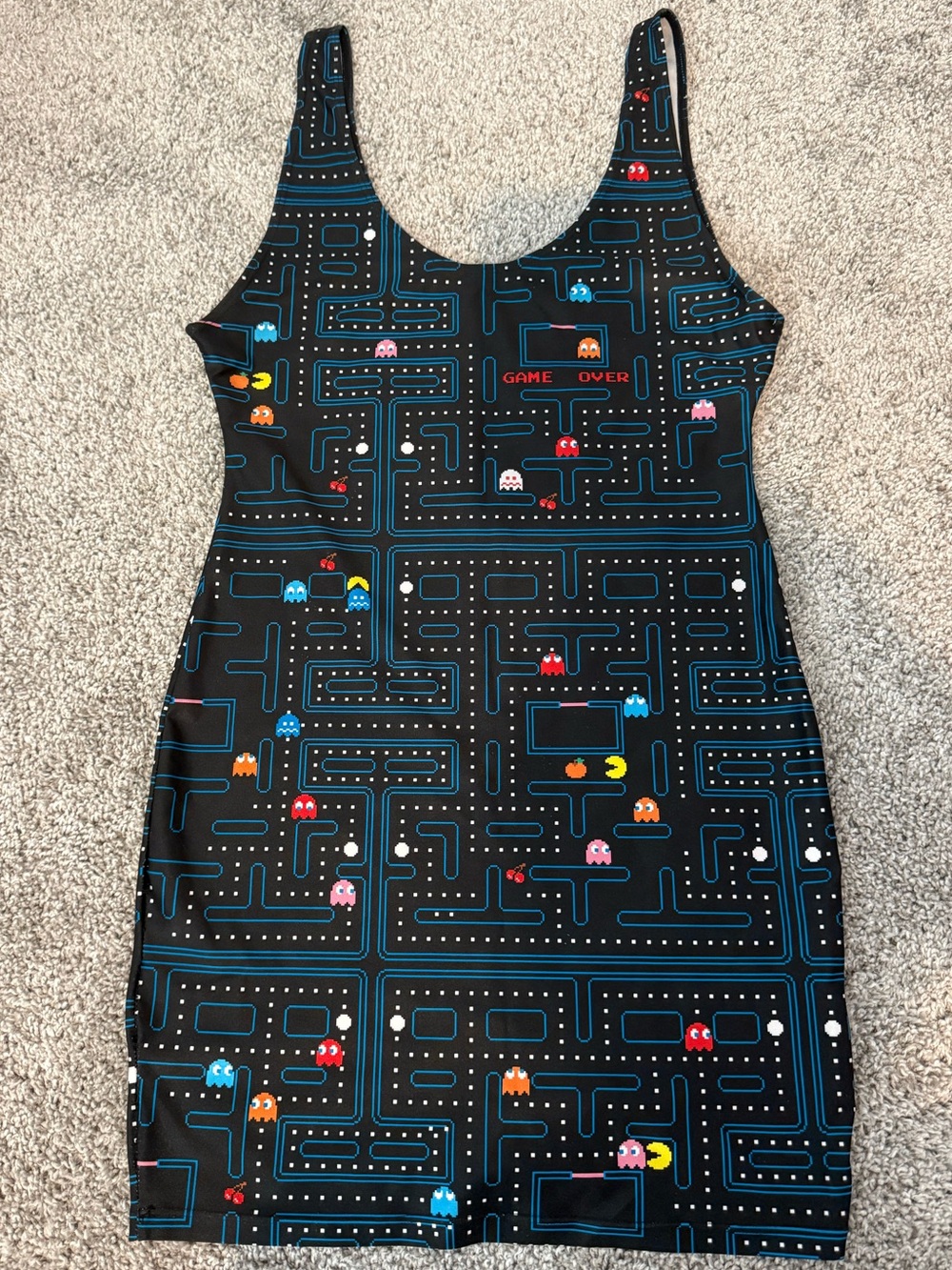 POPRAGEOUS Pac-Man Print Bodycon Dress - Black with Multi-Color Game Print